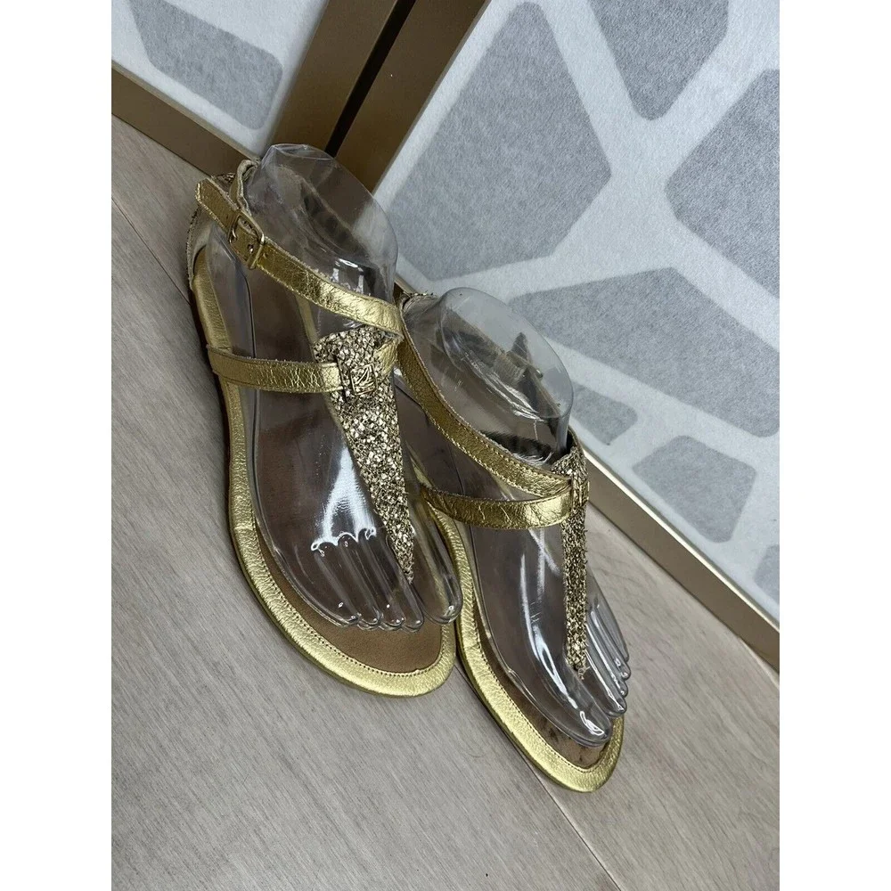 Sperry Top-Sider Women Summerlin Glitter T-Strap Sandals Gold Leather Flat 7 M